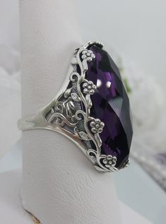 Amethyst Ring 925 Sterling Silver/ Big Oval 15ct Simulated Purple Amethyst Rosey Floral Filigree [Custom Made] Design#97 Amethyst Flower, Antique Style Rings, Edwardian Ring, Raw Stone Ring, Filigree Pendant