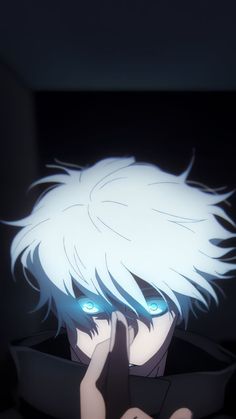 an anime character with white hair and blue eyes