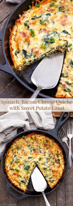 spinach, bacon and cheese quiche with sweet potato crust in a cast iron skillet