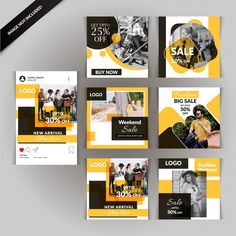 a collection of yellow and black social media post templates for sale, advertising or marketing