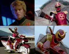 four pictures of the same character in power rangers, including a man on a motorcycle