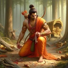 a man in an orange outfit is sitting on the ground with his bow and arrow