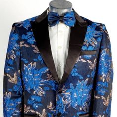 Mens Flower Suit - Floral Suit 2 Button Single Breasted Peak Lapel Modern Fit Side Vents Matching Flat Front Pants One Chest Pocket Two Flap Front Pocket Floral Pattern Color: Royal Blue And Gold This Item Is Ideal For Weddings, Proms, Black Tie, Business And Other Formal Events. Flower Suit, Floral Suit, Royal Blue And Gold, Flat Front Pants, Peak Lapel, Blue And Gold, Modern Fit, Black Tie, Mens Suits