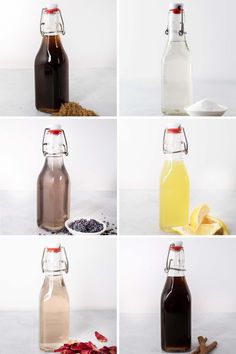 six different types of liquid in glass bottles