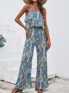 Multicolor Bohemio Collar sin mangas  Paisley,Tribal  Embellished Elástico Ligero Paisley Top, Cami Top, Cami Tops, Wide Leg Trousers, Paisley Print, Women Clothing, Wide Leg Pants, Paisley, Wide Leg