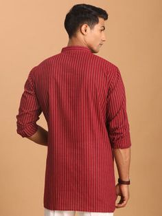 SHVAAS By VASTRAMAY Men's Maroon Striped Cotton Short Kurta – PUSHMYCART Handloom Cotton Traditional Long Sleeve Wear, Long Sleeve Cotton Traditional Wear With Handloom, Casual Cotton Traditional Wear For Festive Season, Long Sleeve Cotton Handloom Traditional Wear, Casual Cotton Traditional Wear For Diwali, Casual Traditional Wear For Eid, Red Cotton Handloom Kurta, Men Short Kurta Designs Style, Short Kurta With Pants For Men