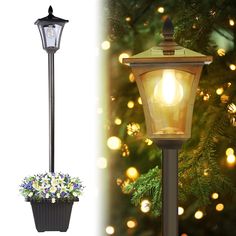 a lamp post next to a potted plant with flowers on it and a christmas tree in the background