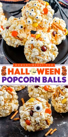 A perfect sweet and salty Halloween treat to make! It's a Halloween popcorn recipe. Loaded with candies and pretzels, these popcorn balls are a simple Halloween dessert or snack everyone will enjoy! Save this Halloween party idea! Popcorn Ball Recipe, Popcorn Balls Recipe Easy, Halloween Popcorn Balls, Marshmallow Popcorn Balls, Popcorn Ball, Popcorn Balls Recipe, Easy Popcorn, Marshmallow Popcorn, Chocolate Halloween