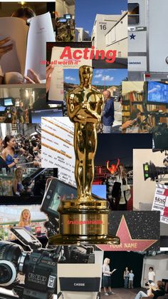 the collage shows many different pictures including an oscar statue, people and other things