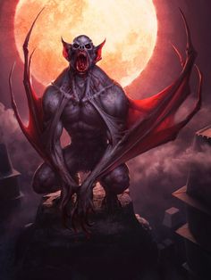 a demonic demon sitting on top of a rock in front of a large full moon