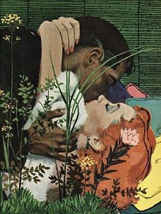 an illustration of a man and woman laying in the grass with their arms around each other