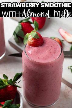 Sweet and creamy, this Strawberry Smoothie with Almond Milk is made with only 4 ingredients and is completely dairy free! Enjoy this smoothie as a delicious breakfast or an afternoon snack! Strawberry Almond Smoothie, Strawberry Smoothie With Almond Milk, Strawberry Almond Milk Smoothie, Almond Milk Smoothie, Almond Milk Smoothie Recipes, Strawberry Almond Milk, Almond Smoothie