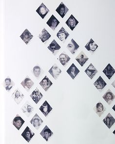 a white wall with many black and white photos on it's sides, including squares