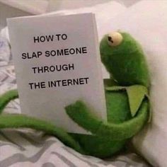 the kermie frog is reading a sign that says how to slap someone through the internet