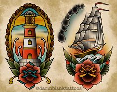 an old school tattoo design with a ship and roses