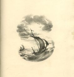 an old drawing of a boat in the ocean