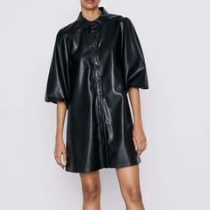 Black PU Faux Leather Short Sleeve Turn-Down Collar Dress - Uniqistic.com Leather Shirt Dress, Nature Dress, Leather Short, Leather Shirt, Leather Shorts, Feminine Look, Sleeves Pattern, Collar Dress, Patent Leather