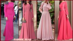 four different styles of pink dresses with long sleeves and open shoulders, all in different colors