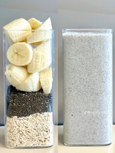 there are bananas, chia seeds, and other things in the glass container on the table