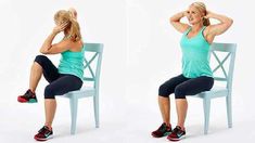 a woman is sitting on a chair and holding her hands behind her head while doing squat exercises