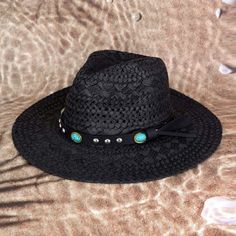 Black W Turquoise Beads And Black Band Accented Straw Style Brimmed Sun Blocker Hat Fashion Statement Accessory One Size Fashion Statement Accessory Summer / Spring / Beachwear / Vacation B 0158 H Black Bohemian Straw Hat For Summer, Black Straw Hat For Spring Festival, Black Bohemian Straw Hat For Spring, Black Bohemian Hat For Vacation, Black Bohemian Vacation Hat, Elegant Black Hats For Beach Season, Elegant Black Beach Season Hats, Bohemian Black Straw Hat For Festivals, Beaded Black Festival Hat