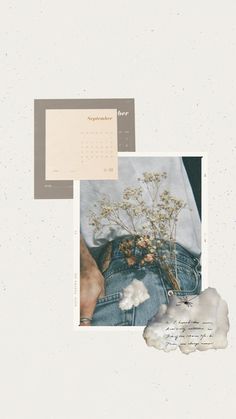 a collage of photos with flowers and clouds in the background, including a calendar