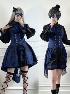 Black and Dark Blue Ouji Mini Hat Blue And Black Outfits For Women, Vampire Dress Modern, Casual Fancy Outfits, The Best Prom Dresses, Dressing Up Outfits, Prom Dresses With Lace, Affordable Outfits, Alt Clothes