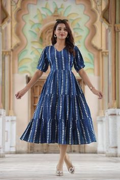 "Beautiful Bagru printed  100 % pure cotton dresses with back side adjustable belt. So you can adjust it according to your size. Product details: Fabric - Cotton Cambric Condition - New Length - 45 inch V Shape Neck Which is 4.5\" Inches Deep approx. Sleeve length - 10 inch Sizes available - 36 (xs) to 46 (xxl) Maintenance - Dry clean or gentle hand wash separately. MEASUREMENTS (in inches): Size XS-: Bust- 36″ | Shoulder- 14″ | Length- 45″ Size S-: Bust- 38″ | Shoulder- 14.5″ | Length- 45″ Size M-: Bust- 40″ | Shoulder- 15″ | Length- 45″ Size L-: Bust- 42″ | Shoulder- 15.5″ | Length- 45″ Size XL-: Bust- 44″ | Shoulder- 16″ | Length- 45″ Size XXL-: Bust- 46″ | Shoulder- 16.5″ | Length- 45″ PLEASE NOTE: Image colors might appear brighter than they actually are due to camera setting and slig Bagru Print Dress, Blue Cotton Maxi Dress With Short Sleeves, Printed Cotton Short Sleeve Dresses, Cotton Printed Short Sleeve Dress, Short Sleeve Printed Cotton Dresses, Summer Cotton Maxi Dress With Ikat Print, Indigo Cotton Midi Length Dress, Printed Cotton Dress With Short Sleeves, Cotton Maxi Dress With Ikat Print For Summer