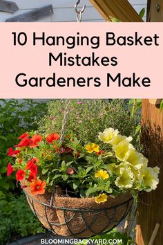 hanging basket that has flowers in it and the words 10 hanging basket mistakes gardeners make