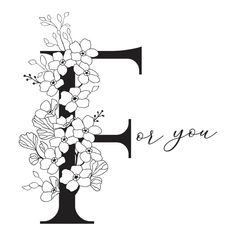 the letter f with flowers on it is shown in black and white, as well as an