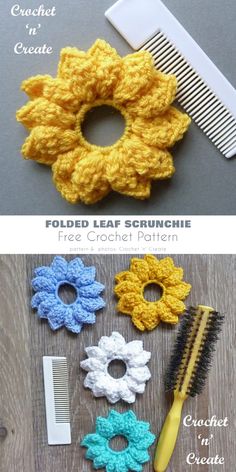 crocheted hair scrunchies and combs are shown in three different colors