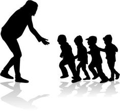 the silhouettes of children in different stages of walking, with one child holding his hand out