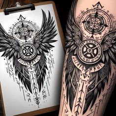 a tattoo with an eagle and compass on it next to a clipboard that has a pen in it