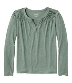 We've taken the essential long-sleeve tee up a notch with beautiful drape, soft texture and a relaxed, easy shape. Falls at hip. Relaxed Fit: Our most generous fit sits farthest from the body. Size down for a closer to body fit. In 62% polyester, 33% TENCEL™ Lyocell, 5% elastane. We recommend wearing a layering tank under the White tee. Machine wash and dry. Hem is slightly longer in the back. Shirring at center back yolk. Splitneck neckline surrounded by shirring at shoulders. Imported. Fit: Re Versatile Long Sleeve Tops For Casual Gatherings, Green Tops For Casual Fall Gatherings, Stretch Long Sleeve Tops For Casual Wear, Stretch Long Sleeve Top For Casual Gatherings, Easy Shape, Garnet Hill, Layering Tanks, Knit Tops, Beautiful Drapes