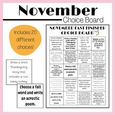 a flyer for november's choice board with the words, choose and write in it