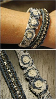 two pictures of different bracelets with buttons on them