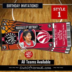 Toronto Raptors Photo NBA Basketball Birthday Invitation Ticket Style Pokemon Ash And Serena, Sports Birthday