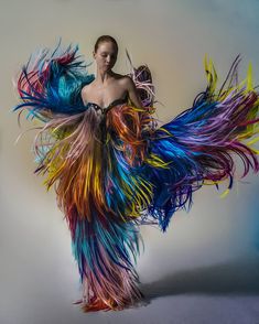 a woman in a colorful dress with feathers on her body