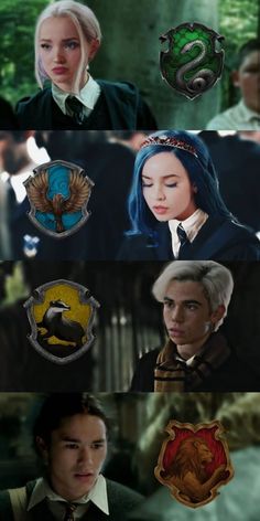 some people with different hair colors and badges on their heads, in the background is an image of harry potter's house