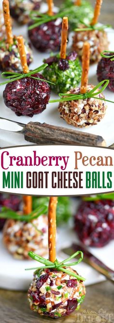 cranberry pecan mini goat cheese balls on a white plate with text overlay