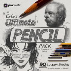 the ultimate pencil pack contains 30 different colored pens, and includes an image of a man's face