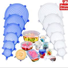 there are many plastic plates and bowls with lids on the same plate as each one