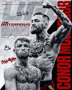 two men standing next to each other with tattoos on their arms and shoulders, in front of a poster