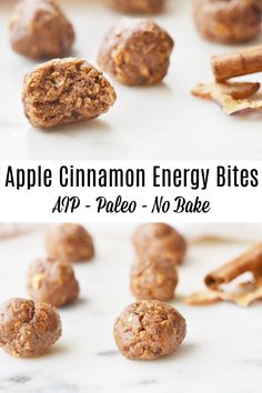 an apple cinnamon energy bites is shown with the title above it