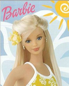 a barbie doll with long blonde hair and blue eyes wearing a yellow flower in her hair