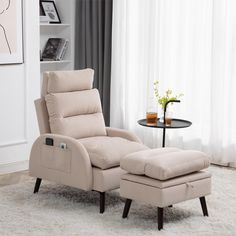 a recliner chair and ottoman in a living room with white carpeted flooring