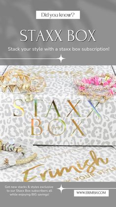 Get NEW stacks and styles exclusive to our Staxx Box subscribers all while enjoying BIG savings! Boxes ship the first week of every month when you join before the end of the current month. Multiple options so you can pick the stack that fits your budget. It's time to STACK UP babe! Get style inspo by following us on Insta & FB @erimish or shop online now! #erimish #staxxbox #jewelrysubscription #stackyourstyle First Week, Subscription Boxes, Every Month, Subscription Box, The End