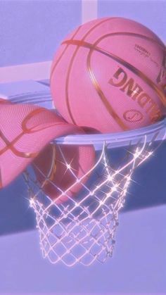 two pink basketballs sitting on top of a net