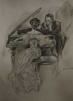 a drawing of two people sitting at a piano