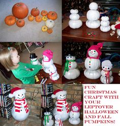 a collage of photos with snowmen, pumpkins and other holiday decorations on display